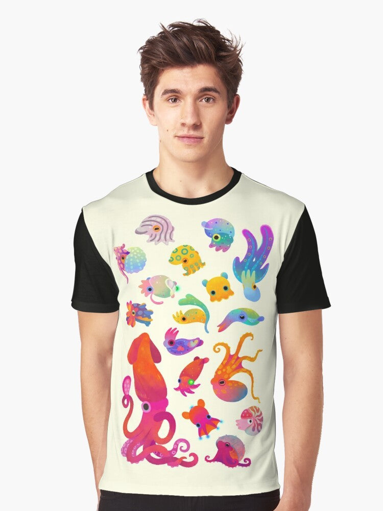 Cephalopod marine life graphic t-shirt featuring various sea creatures like squid, octopus, and cuttlefish - Men