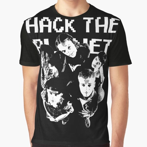 90s hackers graphic t-shirt with text "Hack the Planet"