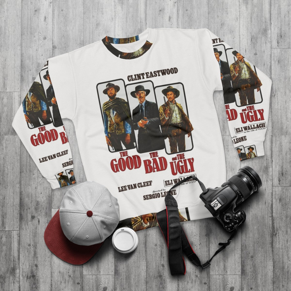 Vintage style "The Good, The Bad and The Ugly" sweatshirt featuring Clint Eastwood - flat lay