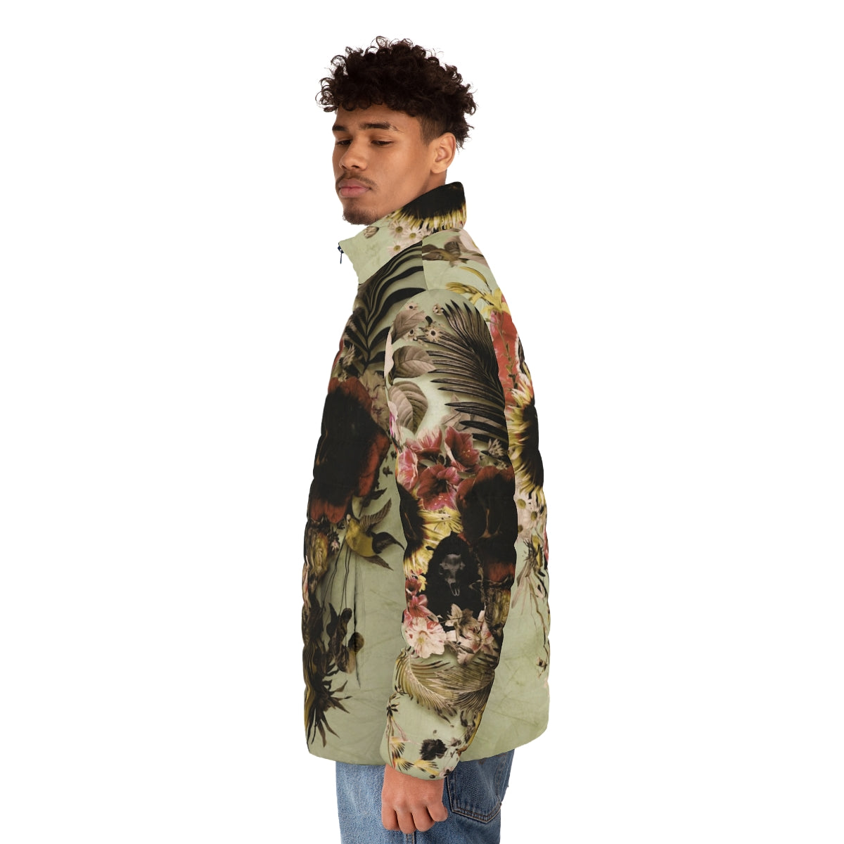 Garden Skull Light Puffer Jacket featuring floral skull art design - men side left