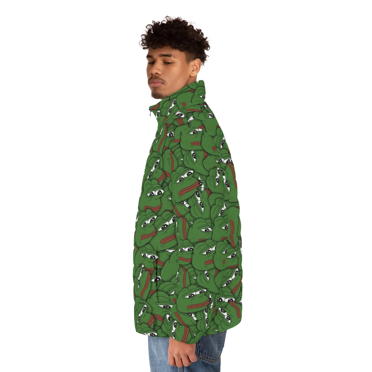 Pepe the Frog inspired puffer jacket with a humorous, meme-inspired design - men side left