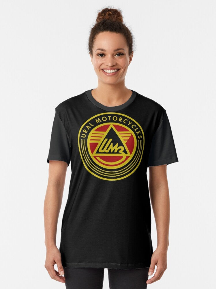 Ural Motorcycles Graphic T-Shirt featuring a vintage-inspired motorcycle design - Women