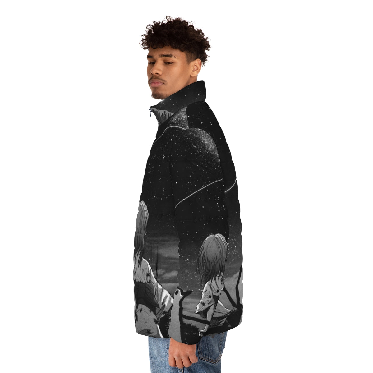 Oyasumi Punpun Milky Way Puffer Jacket featuring the iconic Punpun character from the popular manga series - men side left