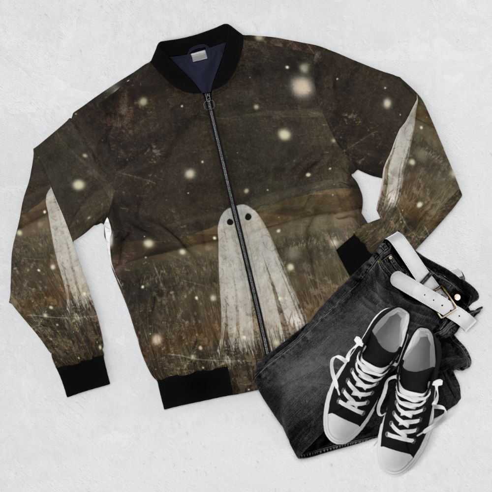 Vintage fireflies bomber jacket with a spooky and cute design - Flat lay