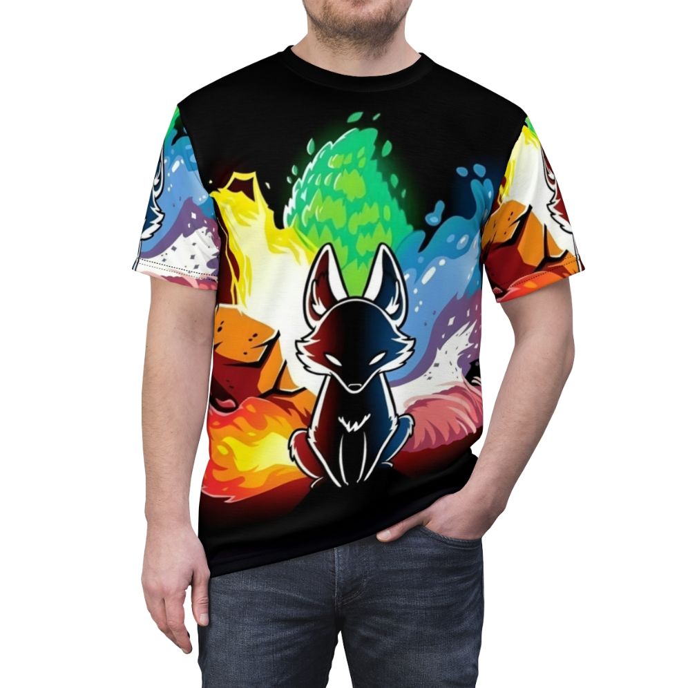 Colorful t-shirt design featuring a rainbow kitsune, a mythical fox spirit from Japanese folklore - men front