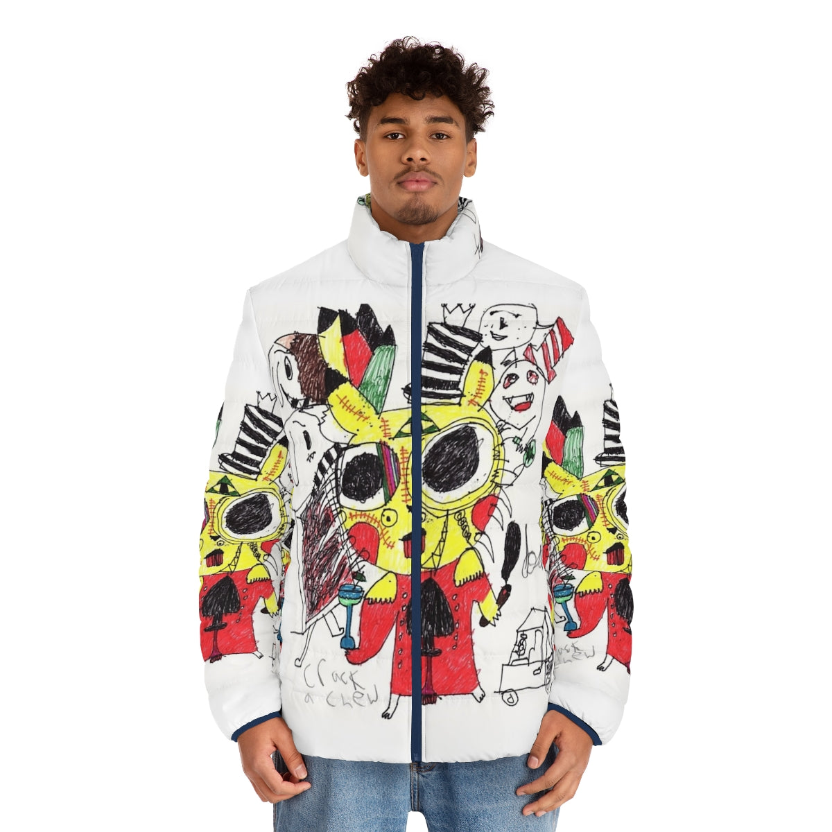 Colorful puffer jacket with psychedelic, funky design - men front