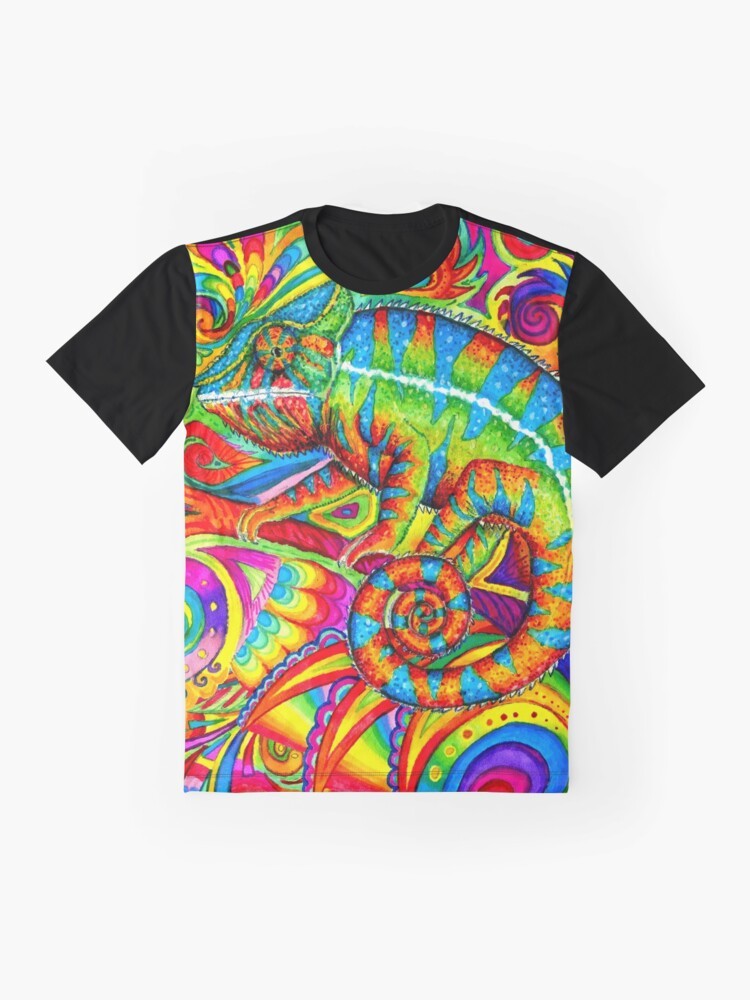 Colorful and vibrant psychedelic chameleon graphic on a t-shirt - Flat lay