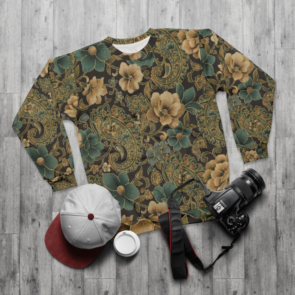 Elegant gold rose paisley floral design sweatshirt - flat lay