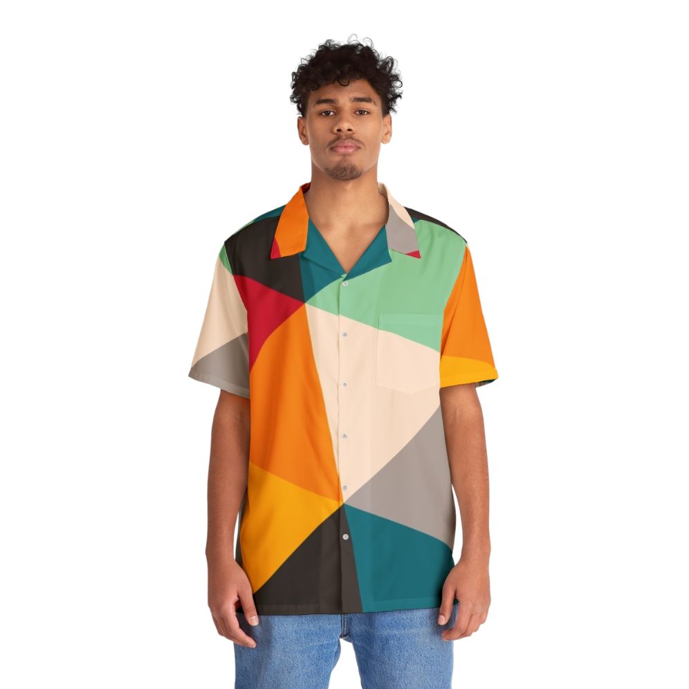 Colourful geometric triangles Hawaiian shirt with abstract, contemporary design - People Front