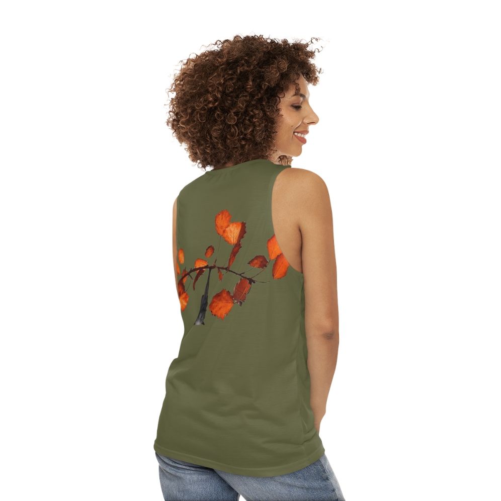 Moss green unisex tank top with cute bats hanging on leaves - women back