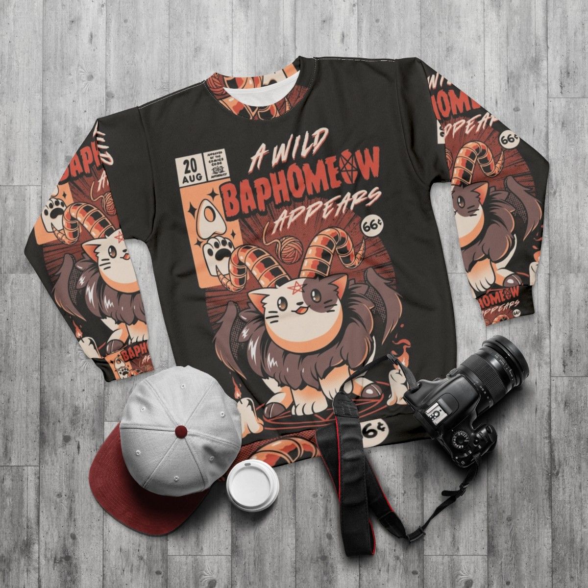 Baphomeow Cat Sweatshirt with Baphomet Design - flat lay