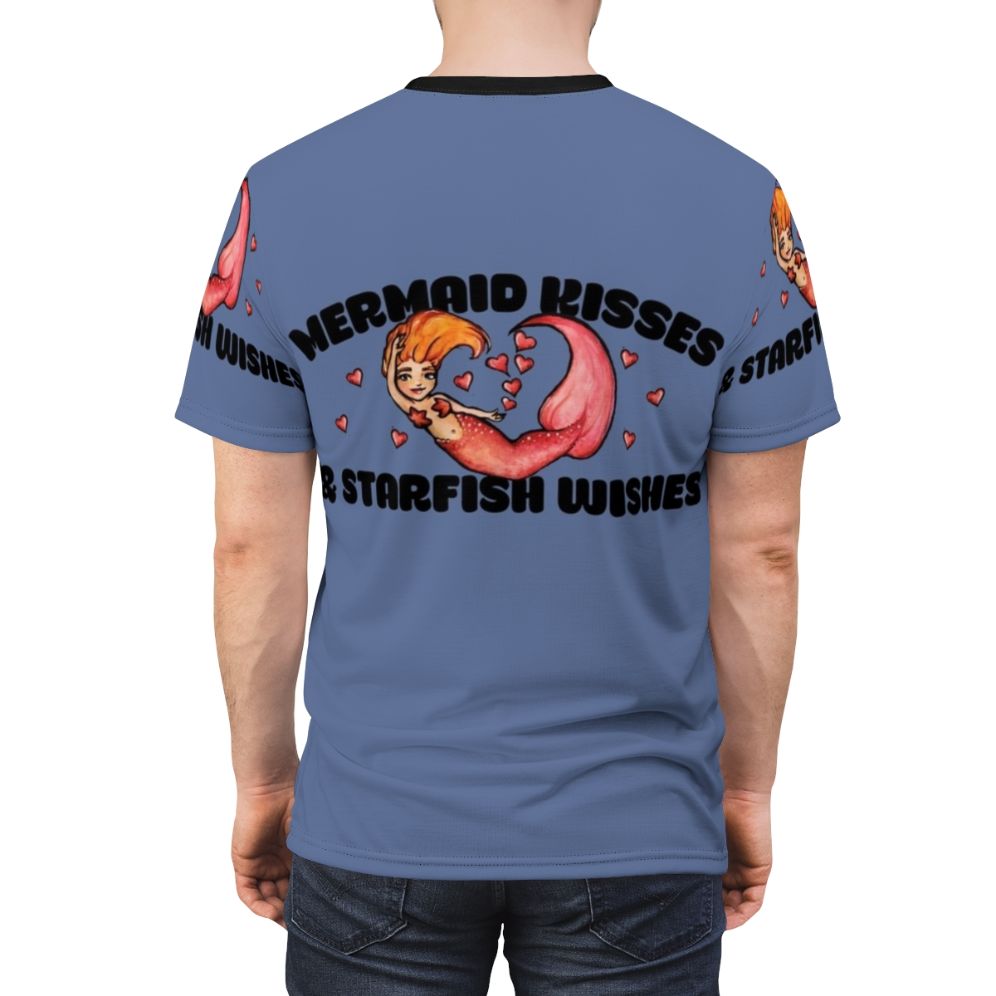 Mermaid-themed t-shirt design featuring a chibi mermaid with red hair and text "Mermaid Kisses And Starfish Wishes" - men back