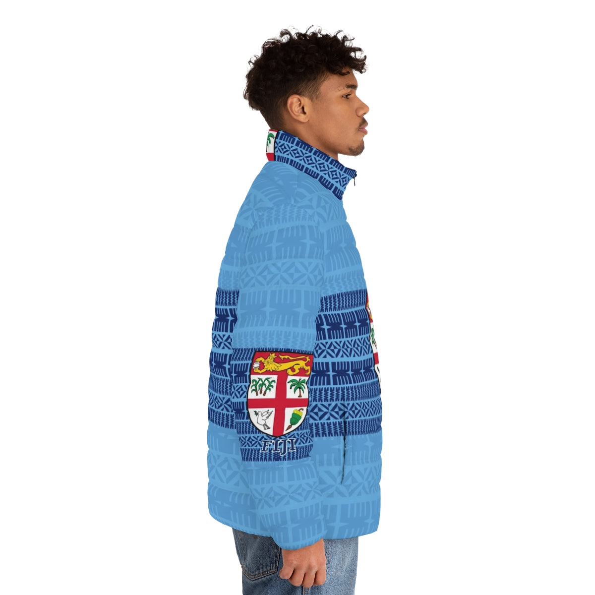 Blue puffer jacket featuring Fijian masi tapa design and Fiji flag - men side right