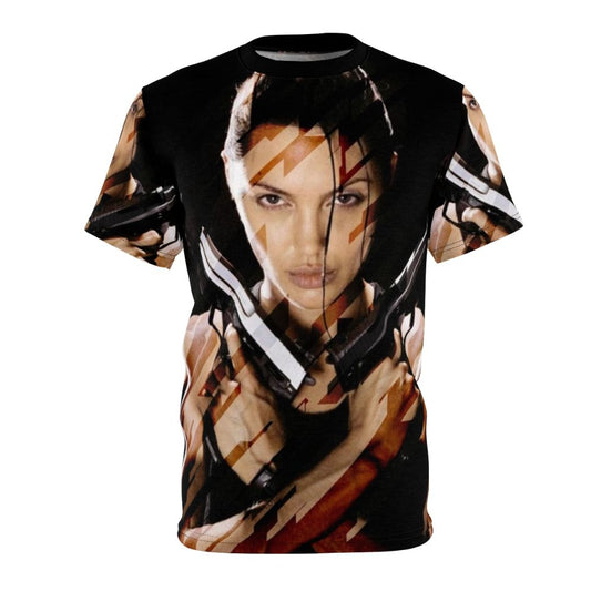 Lara Croft inspired action adventure t-shirt design featuring Angelina Jolie