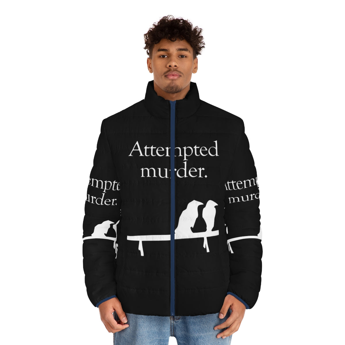 A white puffer jacket with a humorous "Attempted Murder" design featuring crows or birds. - men front