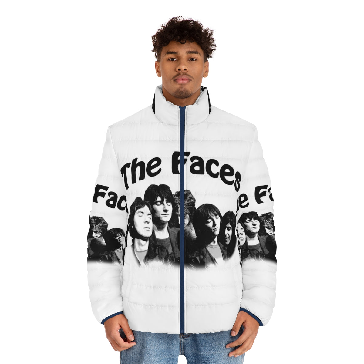 The Faces band members Ian Mclagan, Rod Stewart, and Ronnie Wood featured on a puffer jacket, hoodie, and sweetshirt - men front