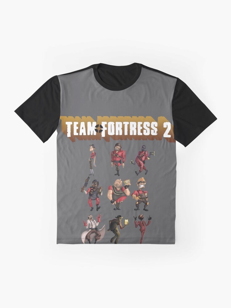 Team Fortress 2 (TF2) t-shirt featuring all characters and classes from the popular video game - Flat lay