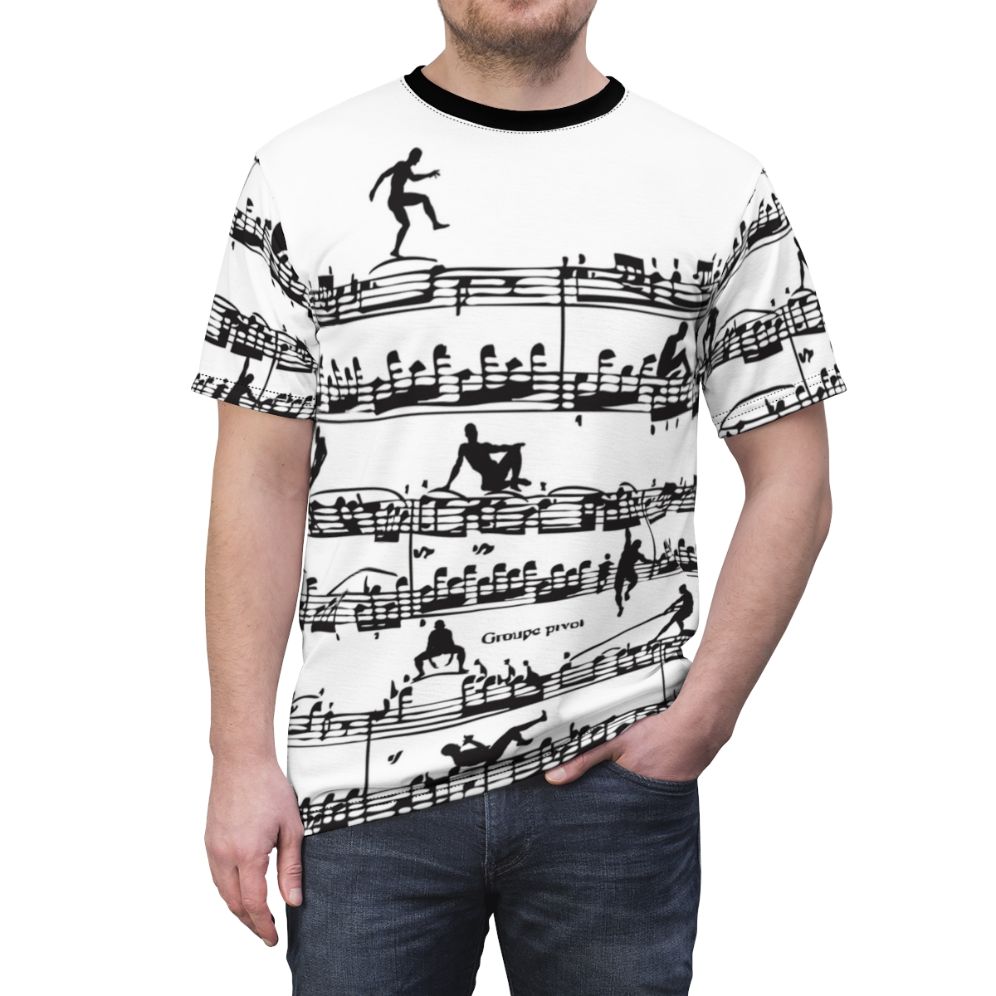 Vintage-inspired graphic t-shirt featuring a silhouette design of the classical composer Mozart with musical notes and a retro, hipster style. - men front