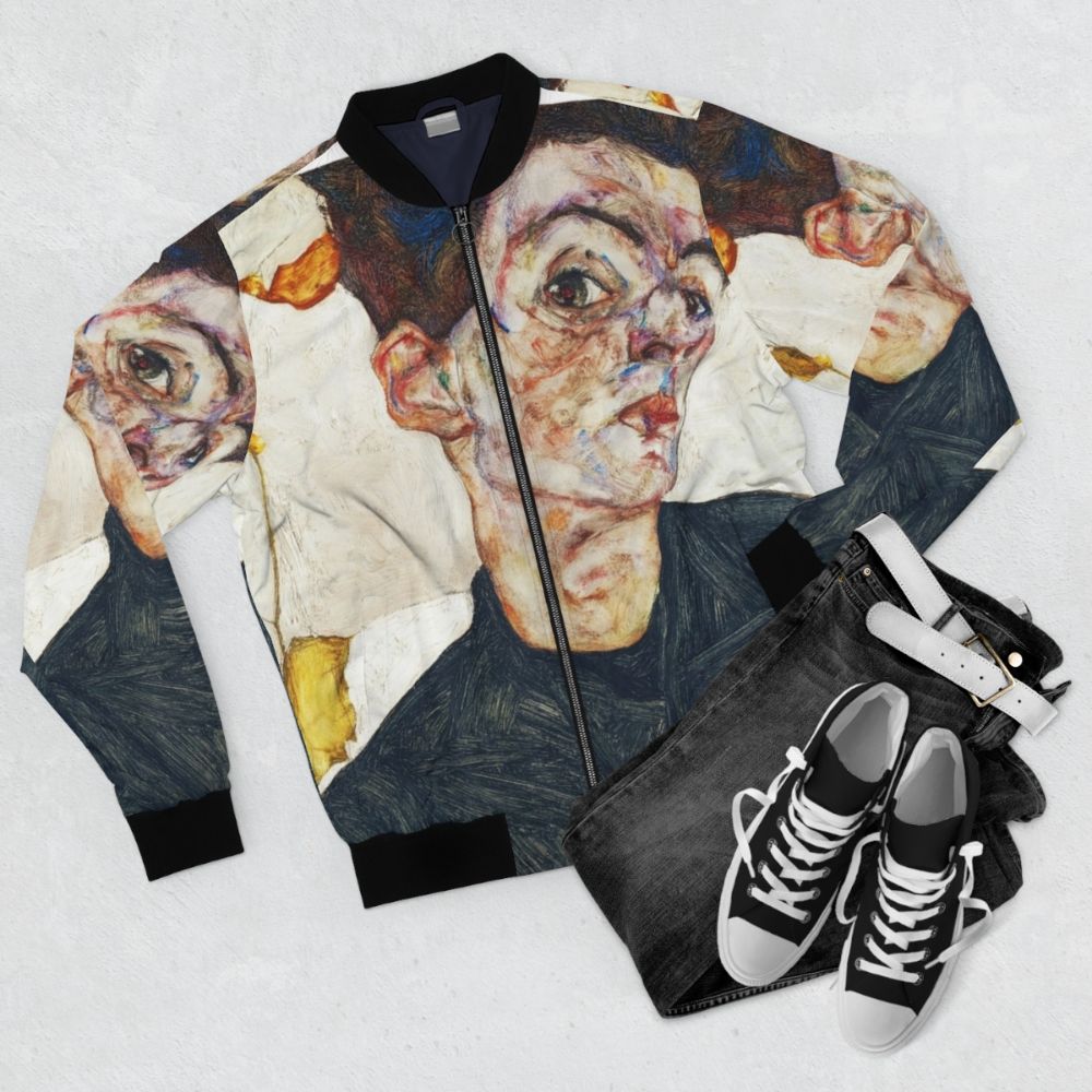 Egon Schiele self portrait with Physalis bomber jacket - Flat lay