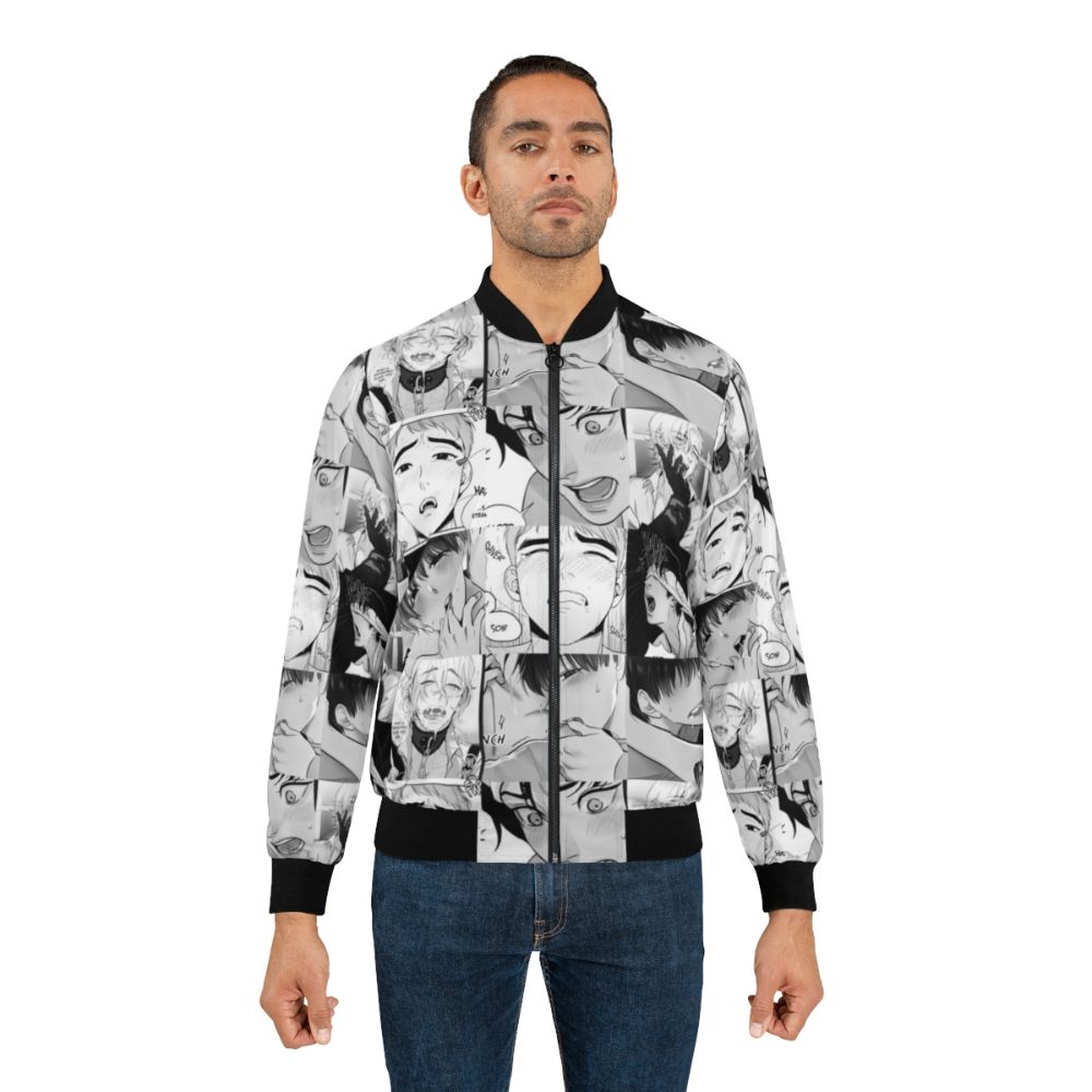 A bomber jacket featuring an anime-inspired yaoi design with two boys in a romantic embrace. - Lifestyle