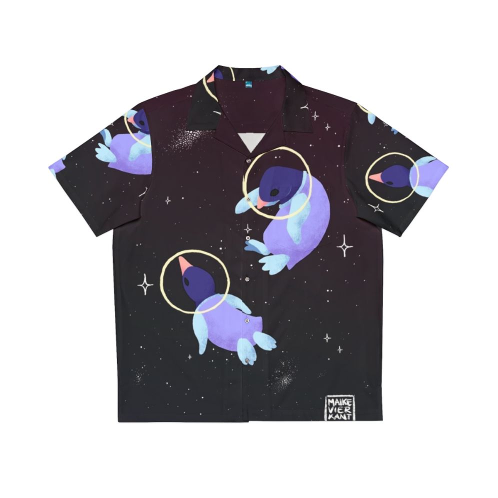 Cute space penguins in a galaxy print Hawaiian shirt design