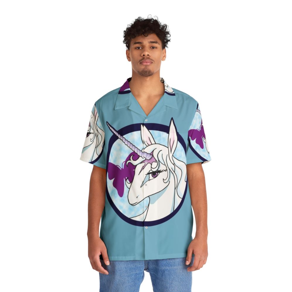 The Last Unicorn Hawaiian Shirt featuring a unicorn, Amalthea, and butterflies - People Front