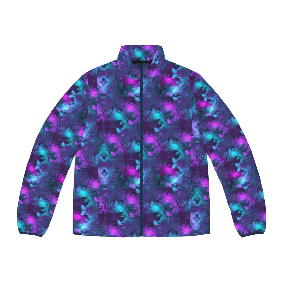 Ol Dirty Bastard Warhol Repeat Puffer Jacket featuring a halftone graphic design in orange and teal colors