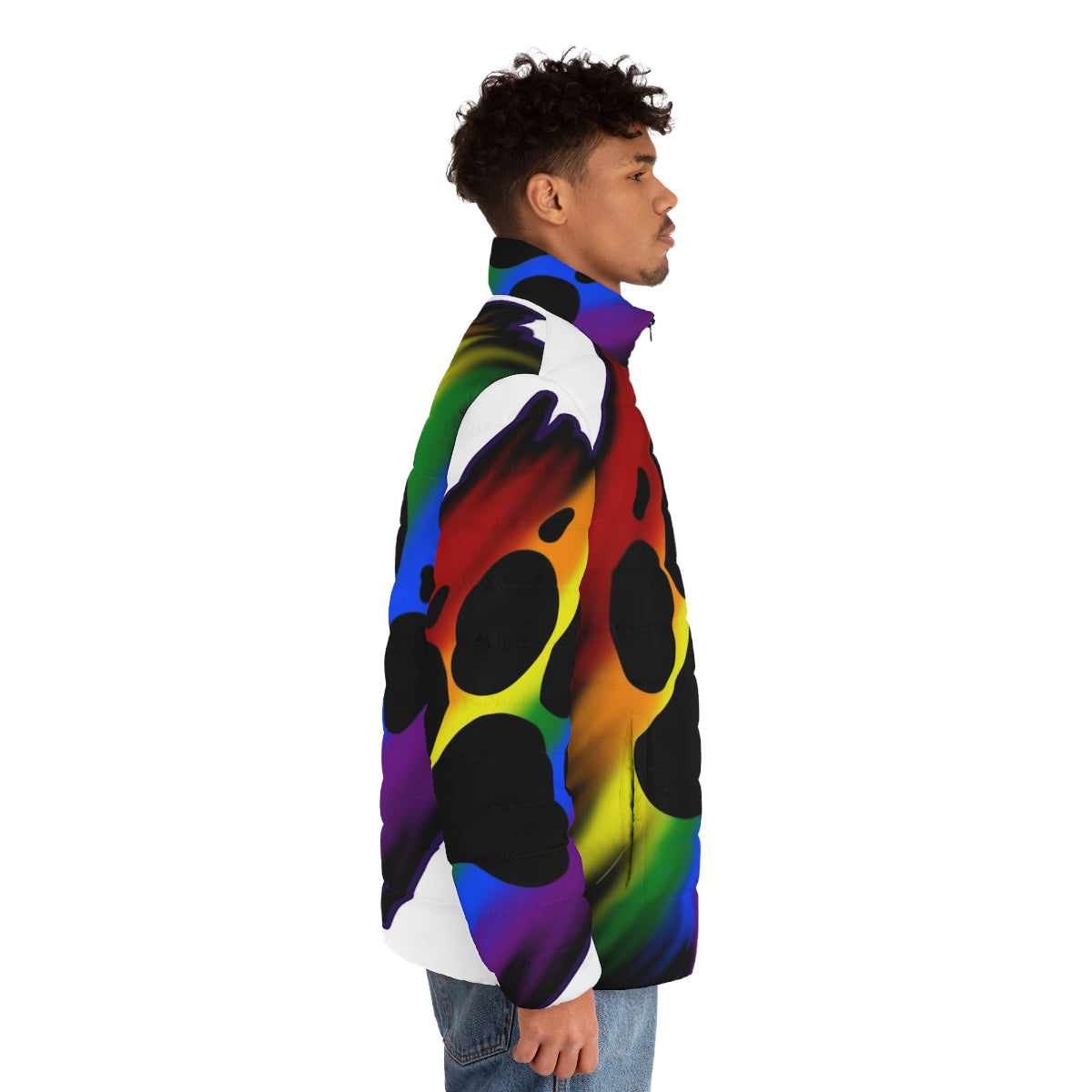 Colorful and cozy rainbow puffer jacket with animal paw design - men side right