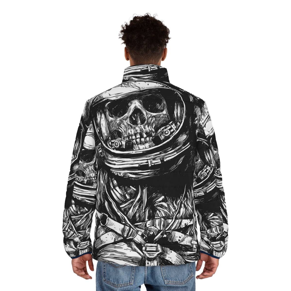 Dead astronaut puffer jacket with eerie space exploration theme - men back