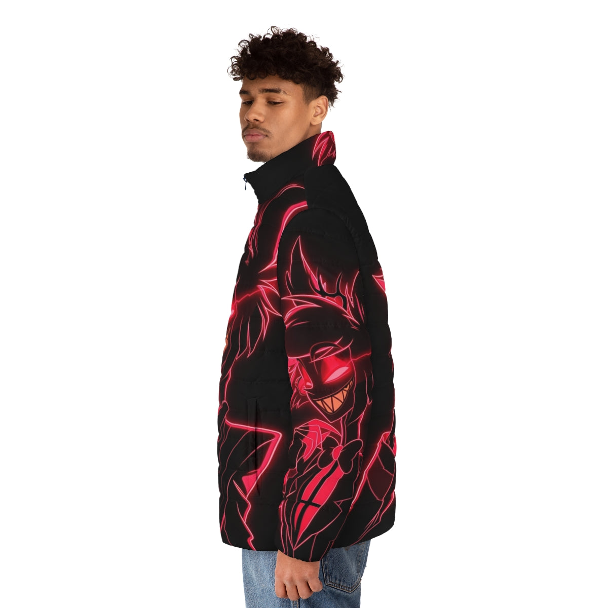 Neon Alastor Puffer Jacket featuring the Radio Demon from Hazbin Hotel - men side left