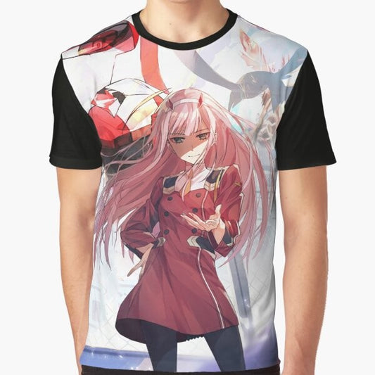 Darling in the FranXX anime graphic t-shirt featuring Zero Two and mecha