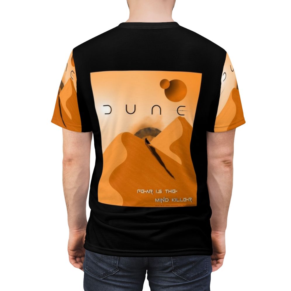 Dune-inspired t-shirt featuring the quote "Fear Is the Mind Killer" and iconic Dune imagery - men back