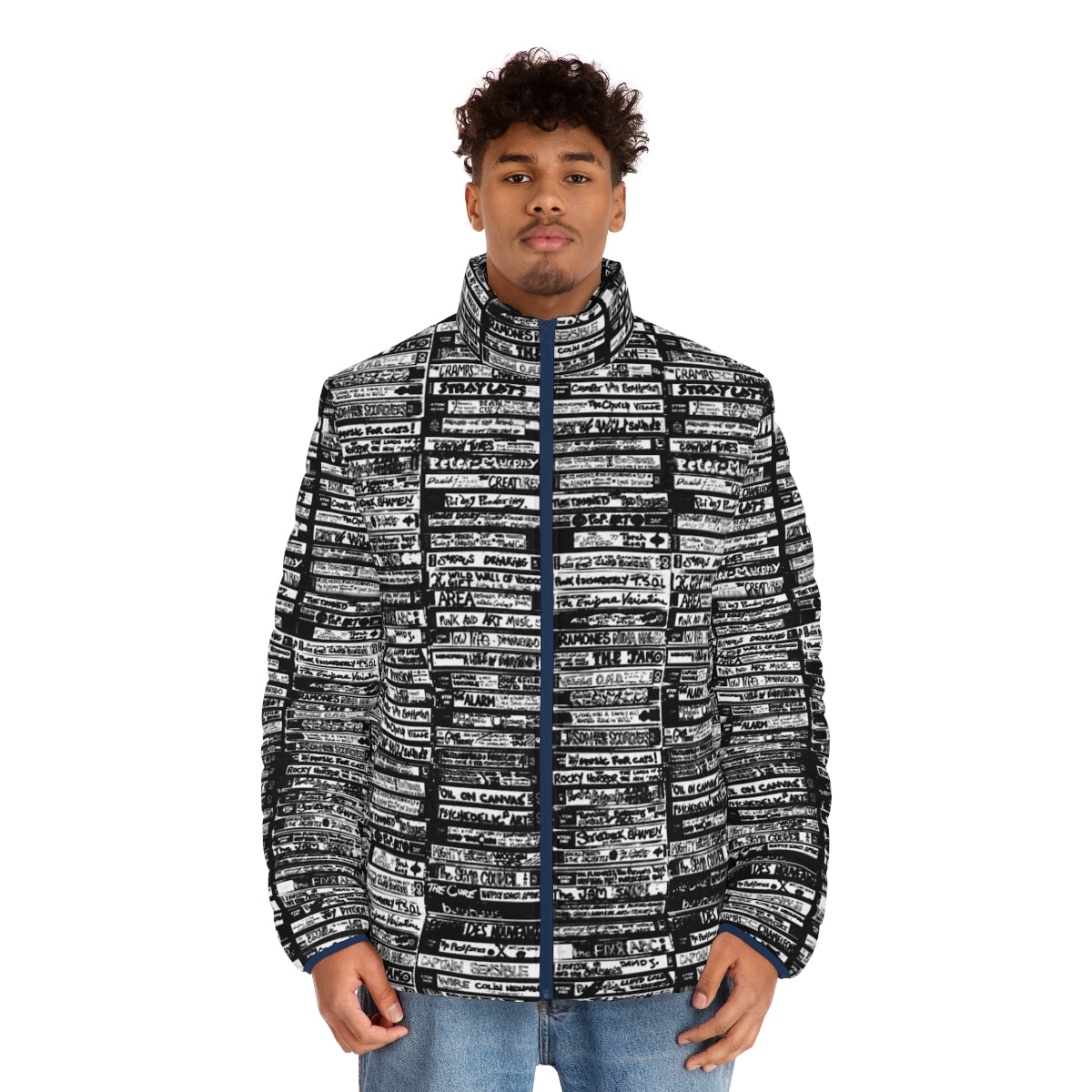 Alternative music cassette art puffer jacket - men front