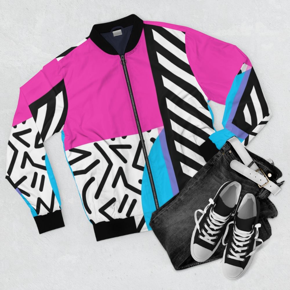 Colorful retro memphis abstract pattern bomber jacket - Flat lay