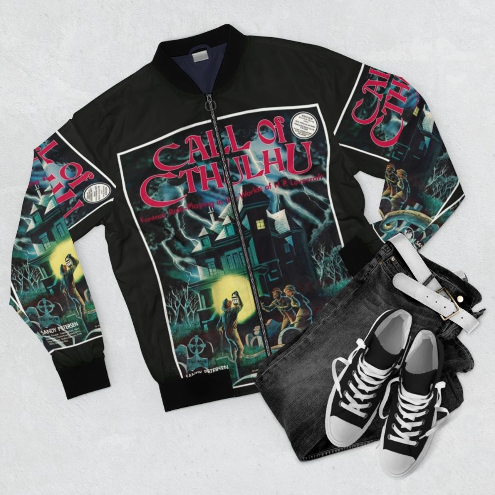 Call of Cthulhu 1st Edition Cover Bomber Jacket featuring the iconic Cthulhu design - Flat lay