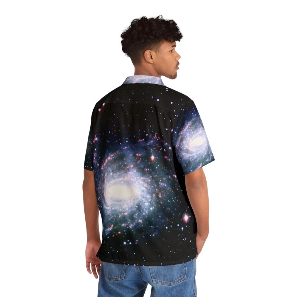 Galactic Location Hawaiian Shirt featuring a cosmic print of stars, planets, and the Milky Way - People Back