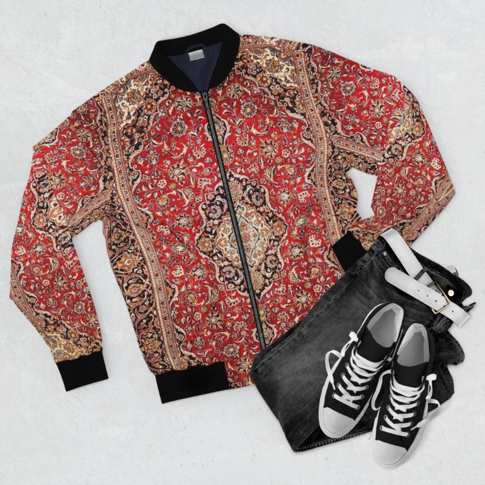 Floral Antique Persian Carpet Print Bomber Jacket - Flat lay