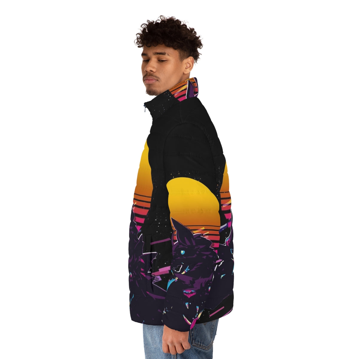 Cerberus Hades 80s Retro Puffer Jacket featuring the three-headed hellhound of Greek mythology - men side left