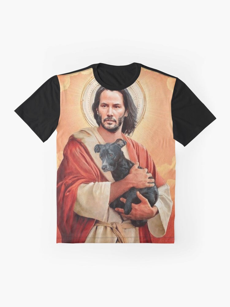 A graphic t-shirt featuring Keanu Reeves as Jesus Christ with a dog. - Flat lay