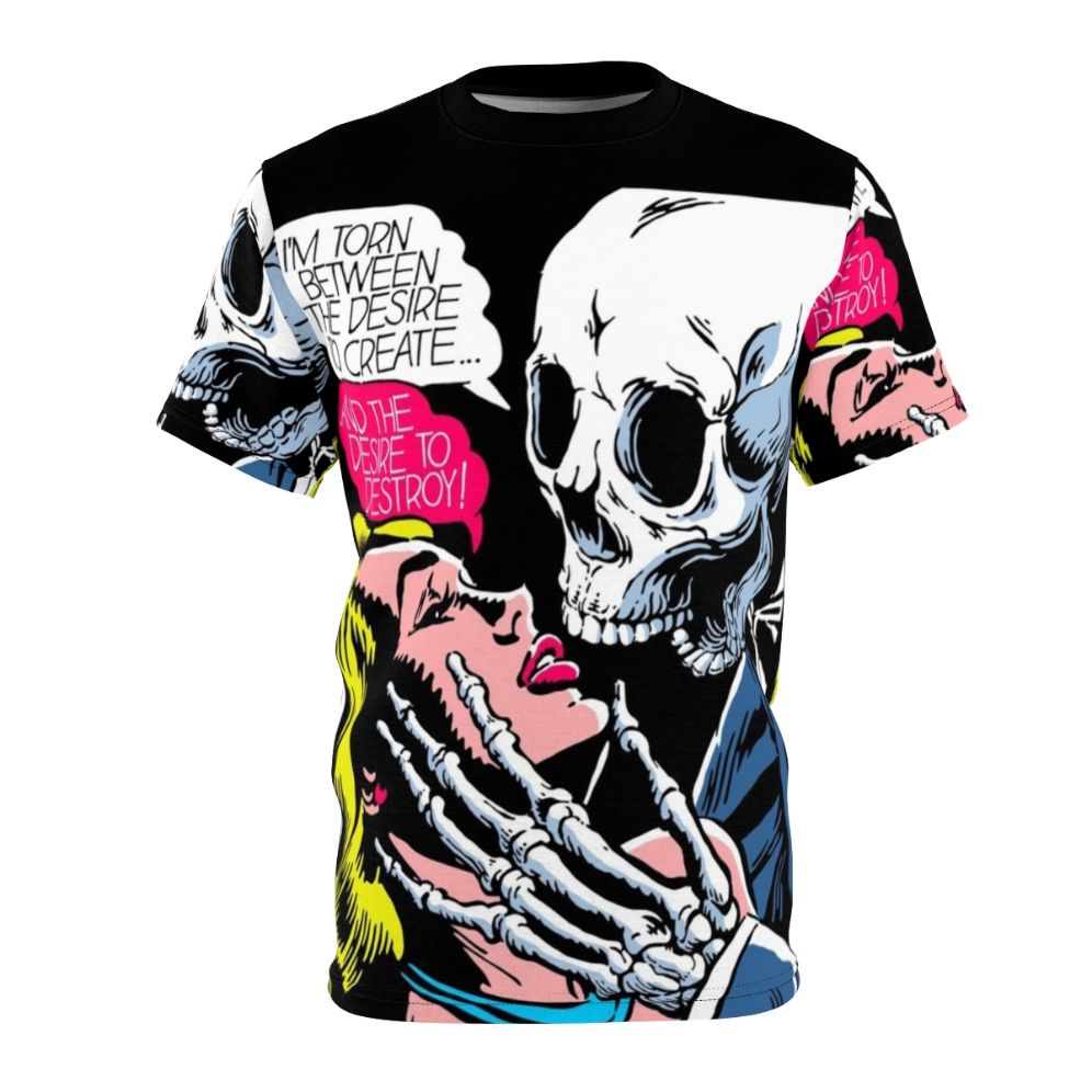 Vintage-inspired graphic tee featuring a skull and love design in a pop art style