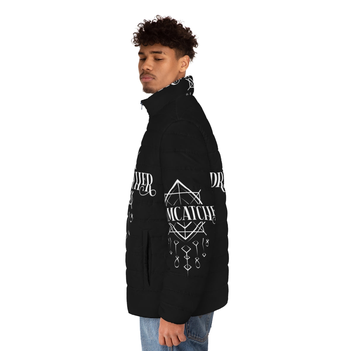 Dreamcatcher black and white puffer jacket with kpop logo design - men side left