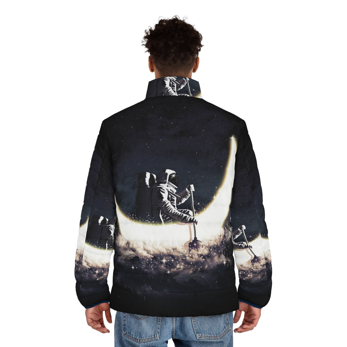 Stylish puffer jacket with a moon sailing and space-themed design - men back