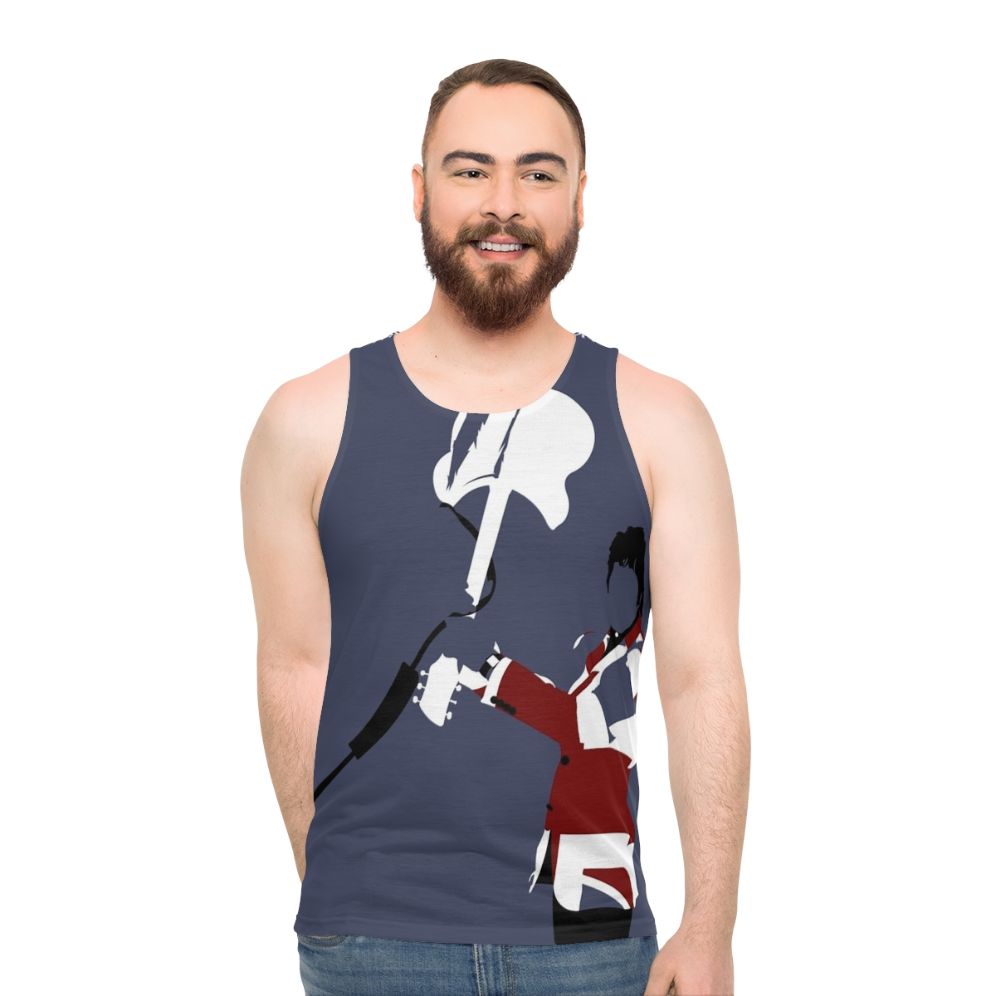 Unisex tank top with minimalist art of Pete Townshend's smashing guitar - men