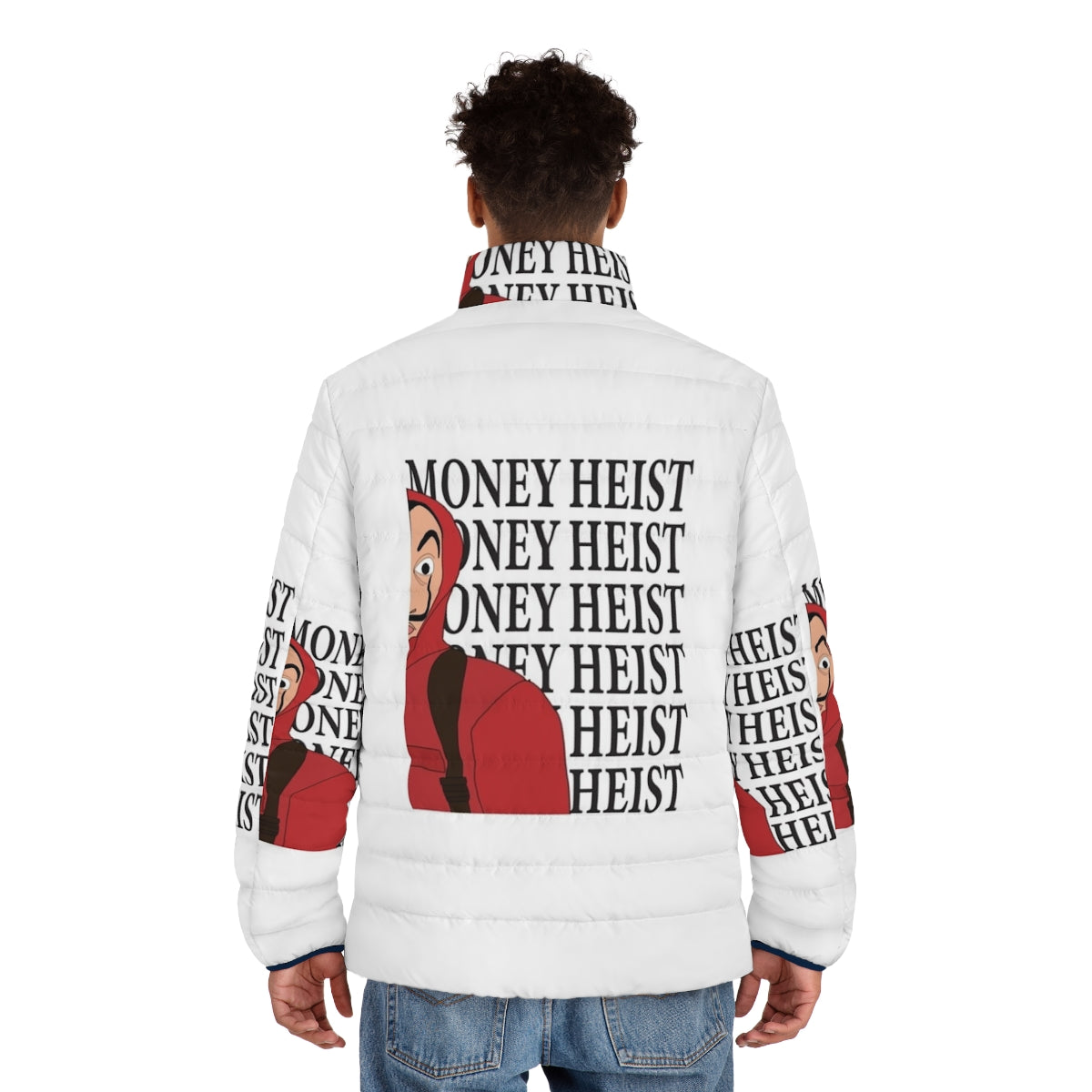 Money Heist Half Puffer Jacket with characters from the Netflix series - men back