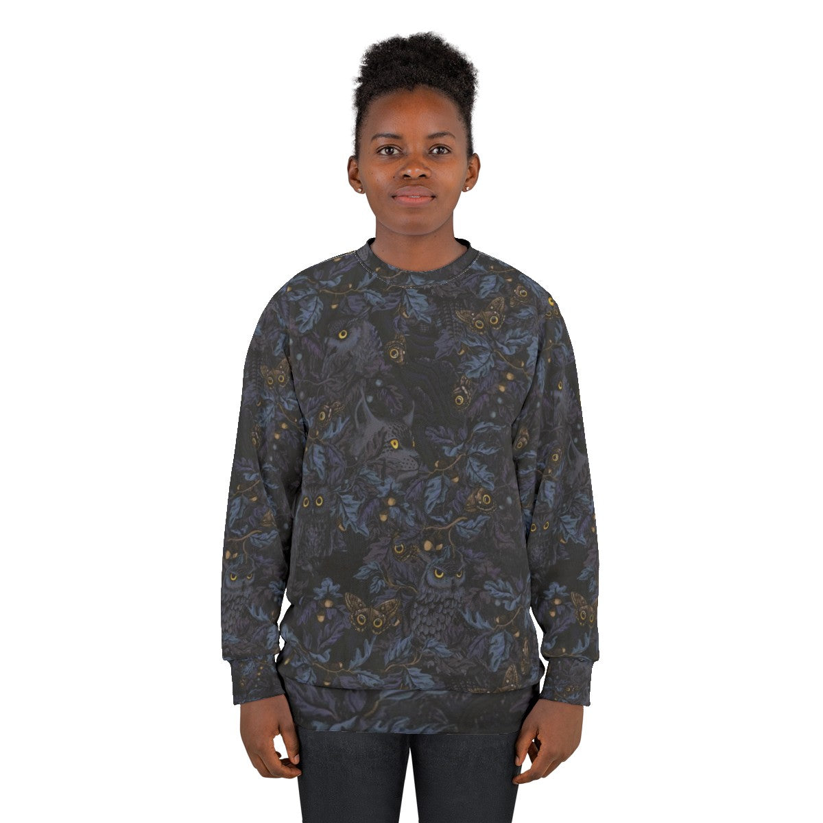 Moonlight blue sweatshirt with autumn leaves and camouflage pattern - women