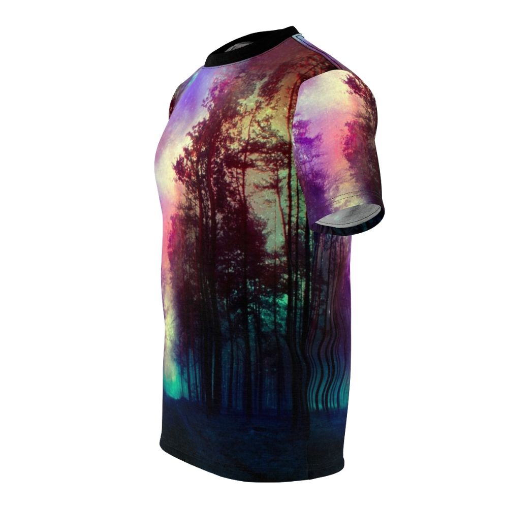 Enchanting forest landscape with stars, clouds, and magical elements on an all-over print t-shirt - men left