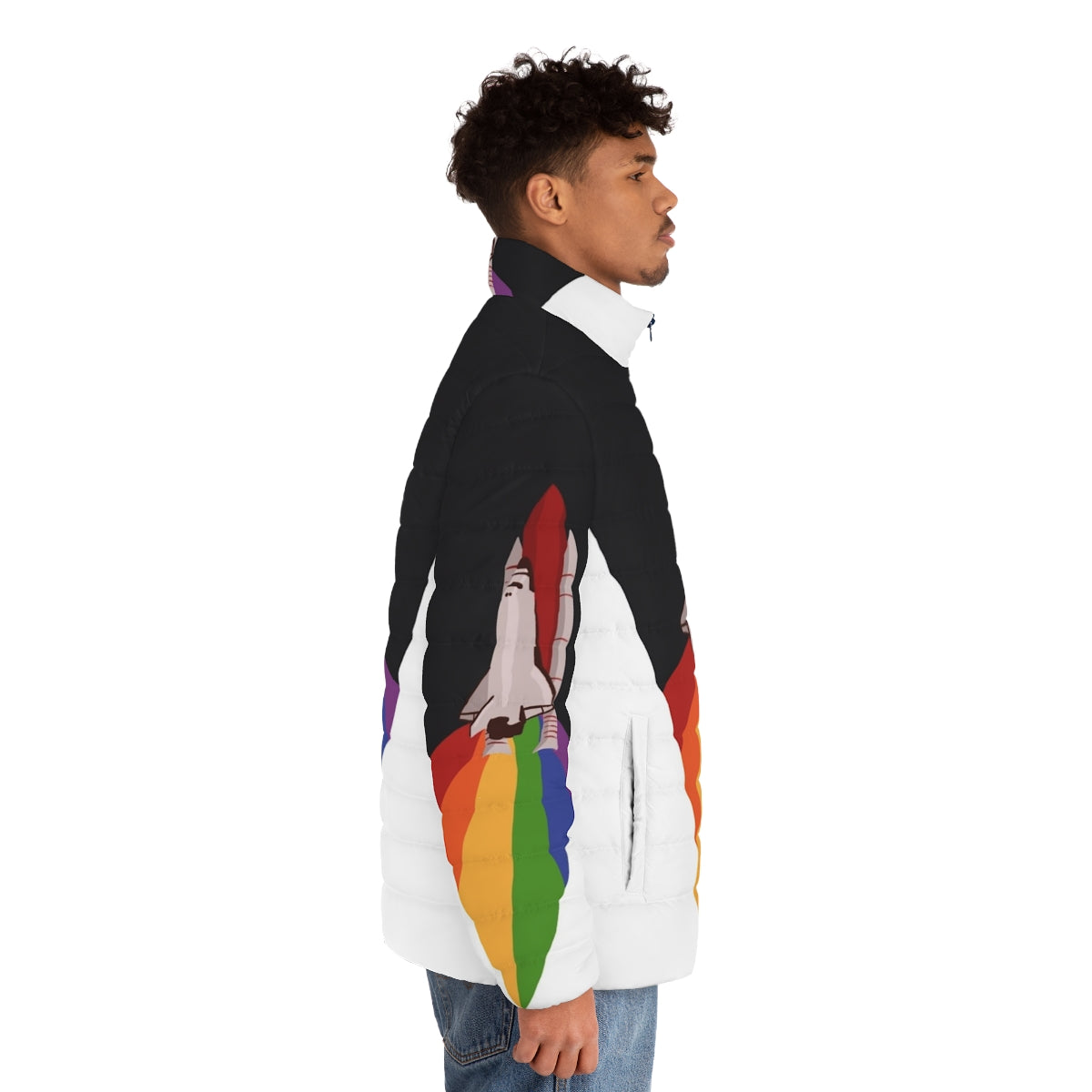 A vibrant puffer jacket with a space shuttle design, perfect for LGBTQ+ pride and NASA enthusiasts. - men side right