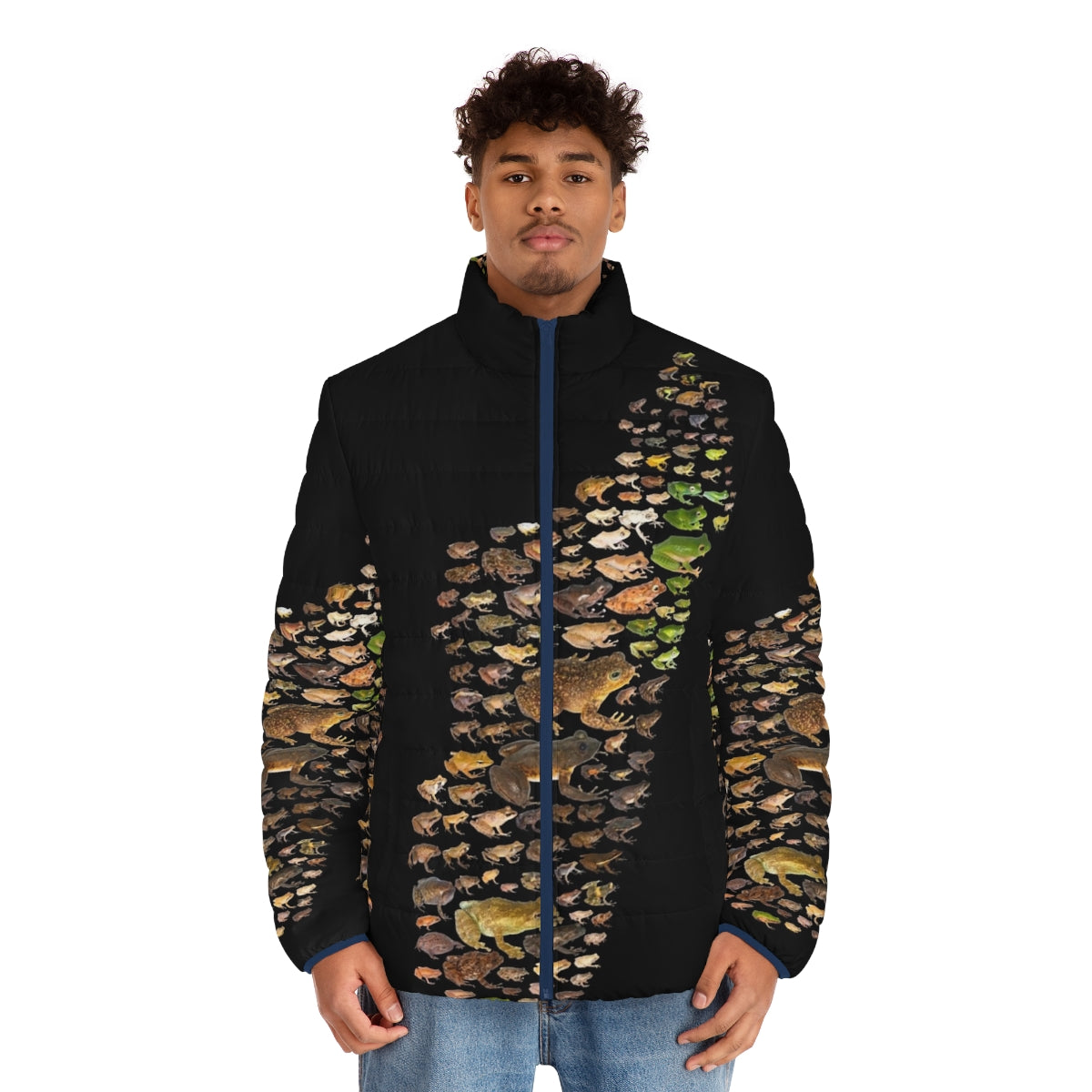 Madagascar Mantella Frogs Puffer Jacket featuring vibrant frog-inspired patterns - men front