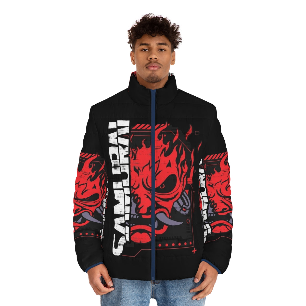 Cyberpunk Samurai Puffer Jacket with Futuristic Anime Design - men front