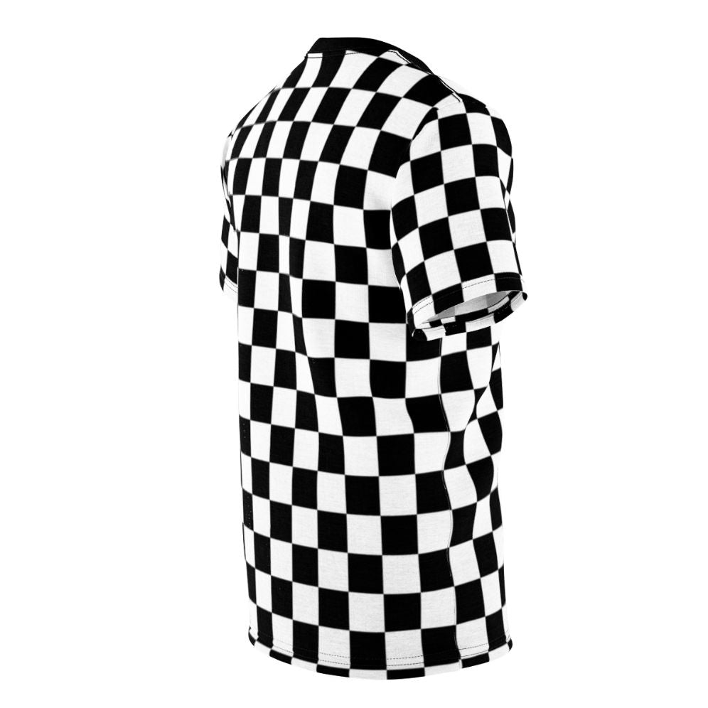 Stylish black and white checkerboard pattern design on a quality t-shirt - men right